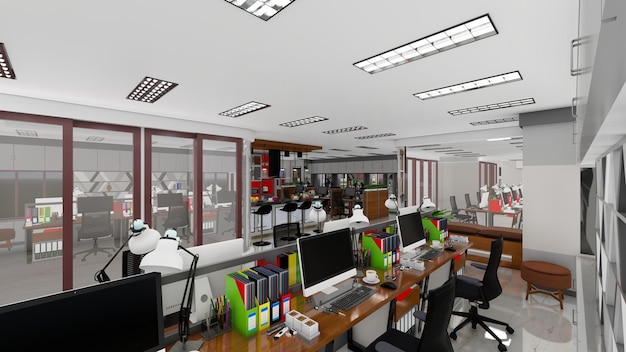 Interior cómodo de espacio de trabajo con sillón y computadora portátil Ventanas panorámicas Renderización 3D