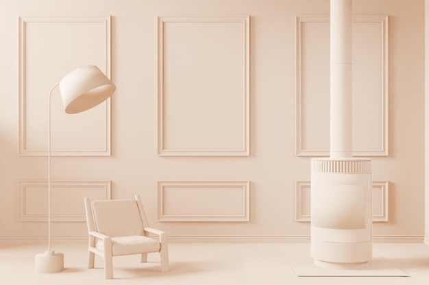 Interior de composición minimalista de un color con lámpara de pie de sillón y marcos de estuco de chimenea en la pared