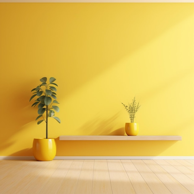 Interior de concepto mínimo de tono amarillo vivo en piso y fondo amarillos