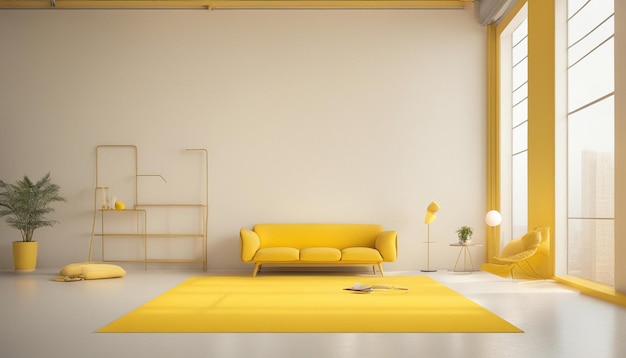 Interior de concepto mínimo de tono amarillo vivo en suelo y fondo amarillo