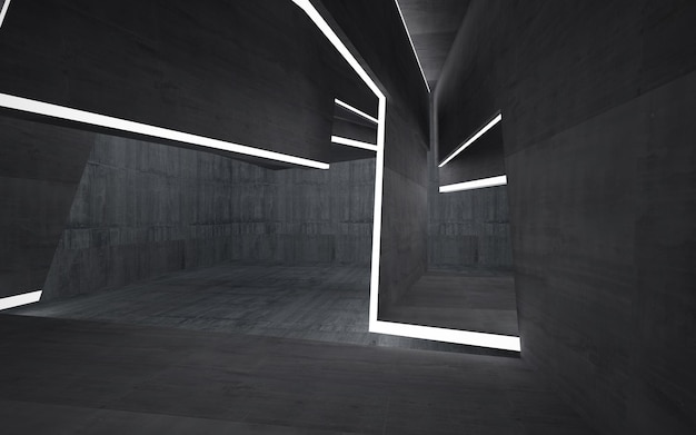 Interior concreto arquitetônico abstrato de uma casa minimalista com ilustração 3D de iluminação neon