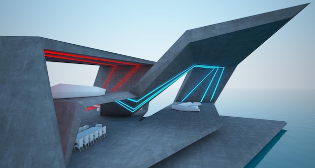Interior concreto arquitetônico abstrato de uma villa moderna no mar com iluminação neon colorida 3D