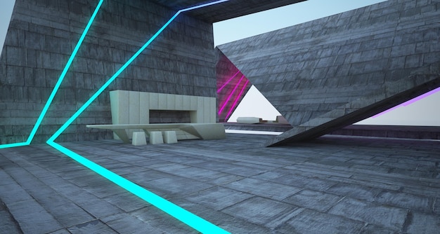 Interior concreto arquitetônico abstrato de uma villa moderna no mar com iluminação neon colorida 3D