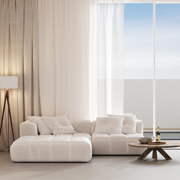 Interior contemporâneo com grande janela de cortinas de sofá branco e renderização em 3d de decoração