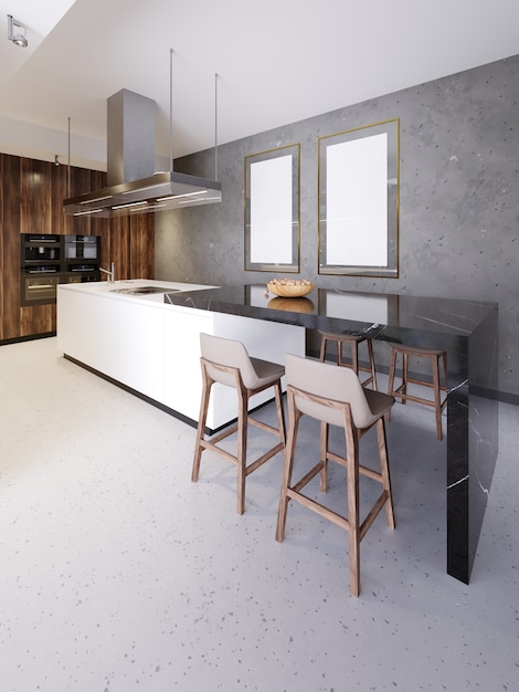 Interior contemporâneo da cozinha com móveis em marrom e branco. Conceito de design e estilo de vida. Renderização 3D