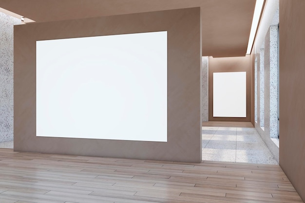 Interior contemporâneo da galeria iluminada de madeira e mármore com banner branco vazio e reflexos no chão Renderização em 3D