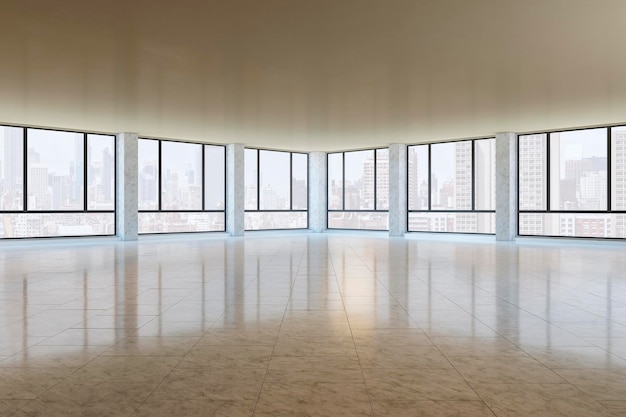 Interior contemporâneo da sala brilhante com reflexos de janelas panorâmicas e luz Conceito de interiores espaçosos 3D Rendering