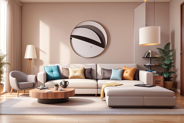 Interior contemporâneo da sala de estar 3D e móveis modernos