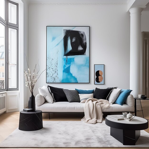interior contemporâneo da sala de estar com almofada preto-branca e azul