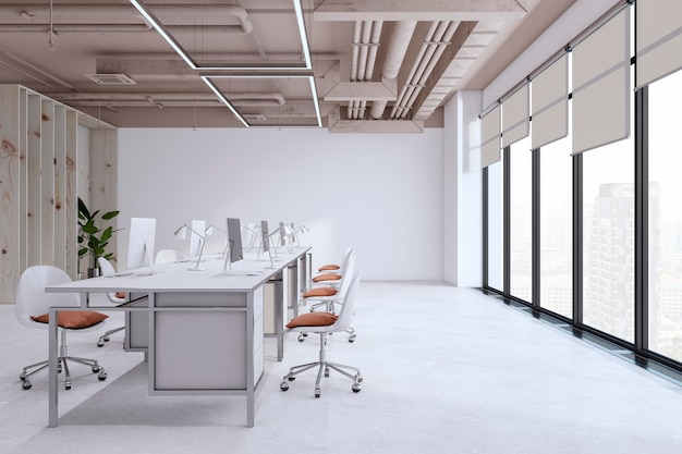 Interior contemporâneo da sala de reunião leve com janela e vista da cidade equipamentos de elementos de madeira e móveis renderização em 3D