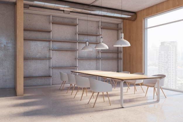 Interior contemporâneo da sala de reuniões de estilo industrial de concreto e madeira leve com janela e vista da cidade Local de trabalho e conceito de apresentação 3D Rendering