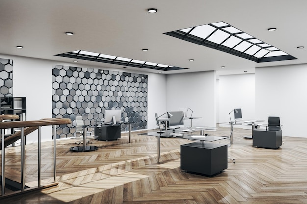 Interior contemporâneo do escritório com parede de favo de mel de prata em branco