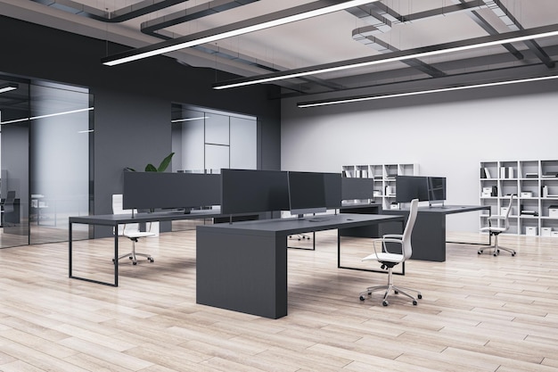 Interior contemporâneo do escritório de coworking com móveis de equipamento de janelas de piso de madeira e outros itens Renderização em 3D