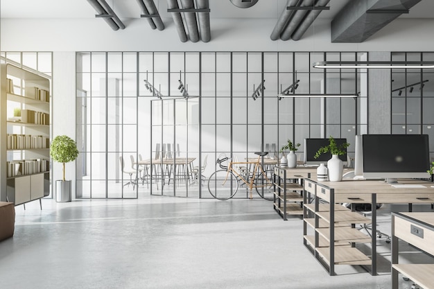 Interior contemporâneo do escritório de coworking com vista para a cidade brilhante e piso de concreto Design e conceito de estilo de local de trabalho Renderização em 3D