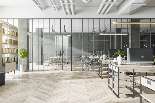 Interior contemporâneo do escritório de coworking com vista para a cidade brilhante e piso de madeira Design e conceito de estilo de local de trabalho Renderização em 3D