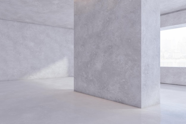 Interior contemporâneo do salão de exposições de concreto com lugar em branco simulado na parede e janela com vista da cidade Renderização em 3D