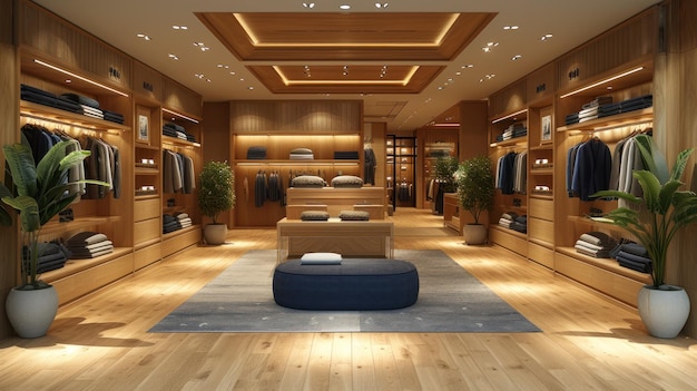 Interior contemporâneo e elegante de uma loja de roupas situada dentro de um centro comercial que reflete