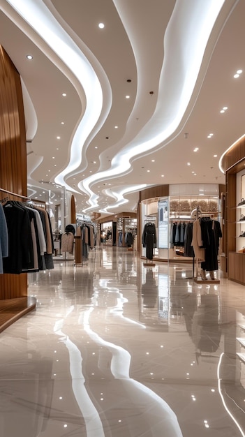 Interior contemporáneo y elegante de una tienda de ropa situada dentro de un centro comercial que refleja