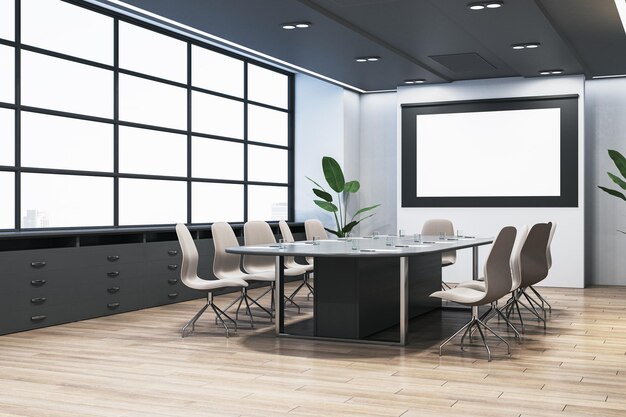 Foto interior contemporáneo de madera y hormigón de la sala de conferencias con bandera y muebles blancos vacíos concepto de presentación renderizado en 3d