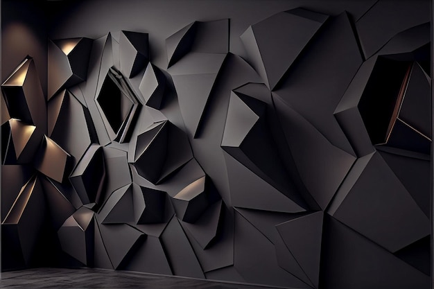 Interior contemporáneo con pared poligonal negra y piso de madera Concepto de diseño Renderizado en 3D