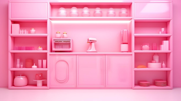 Interior cor-de-rosa da barbie pabtry com prateleiras cor-de-rosa e armário renderização em 3d