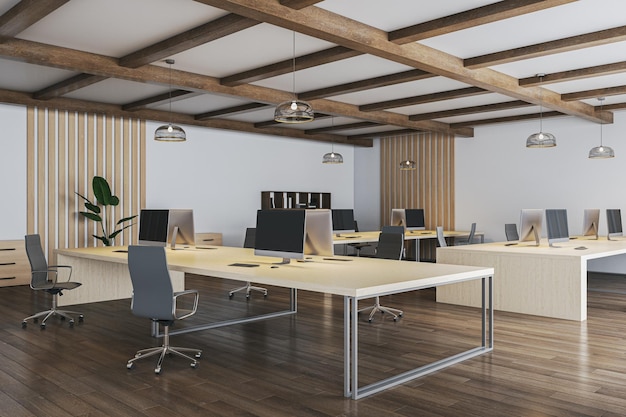 Interior de coworking de hormigón y madera de loft contemporáneo con varios muebles y artículos Concepto de lugar de trabajo comercial Representación 3D