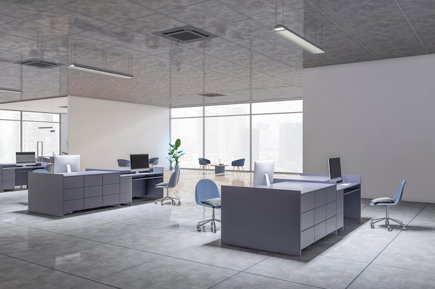 Interior de coworking minimalista moderno con muebles 3D Rendering