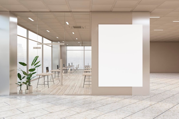 Interior de coworking de vidrio moderno con muebles y póster de maqueta en blanco en la pared 3D Rendering