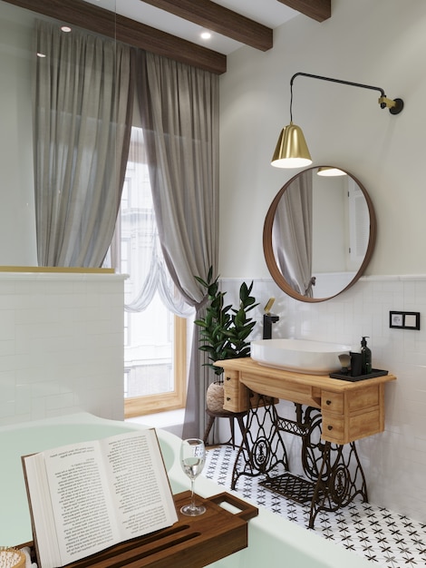 Interior del cuarto de baño. Bandeja de madera con libro y vaso. Lavabo sobre mueble para máquina de coser. Render 3D.