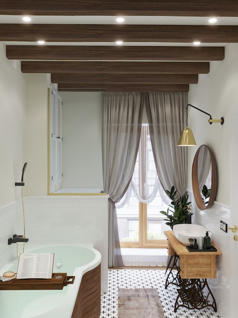 Interior del cuarto de baño. Bandeja de madera con libro y vaso. Vigas de madera en el techo. Render 3D.