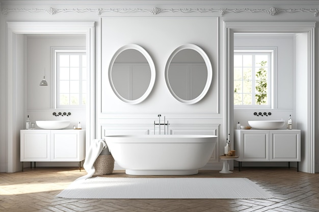 Interior de un cuarto de baño blanco con un lavabo doble, una alfombra en el suelo y una bañera blanca