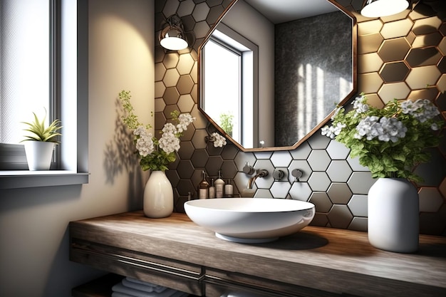 Interior de cuarto de baño contemporáneo con espejo de moda y fregadero