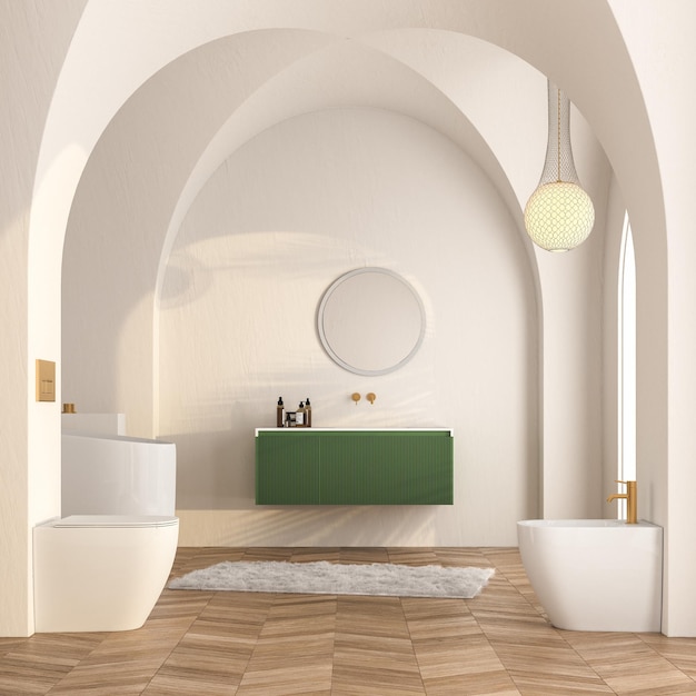 Interior de cuarto de baño elegante con paredes y arcos blancos, suelo de madera, lavabo con espejo redondo,