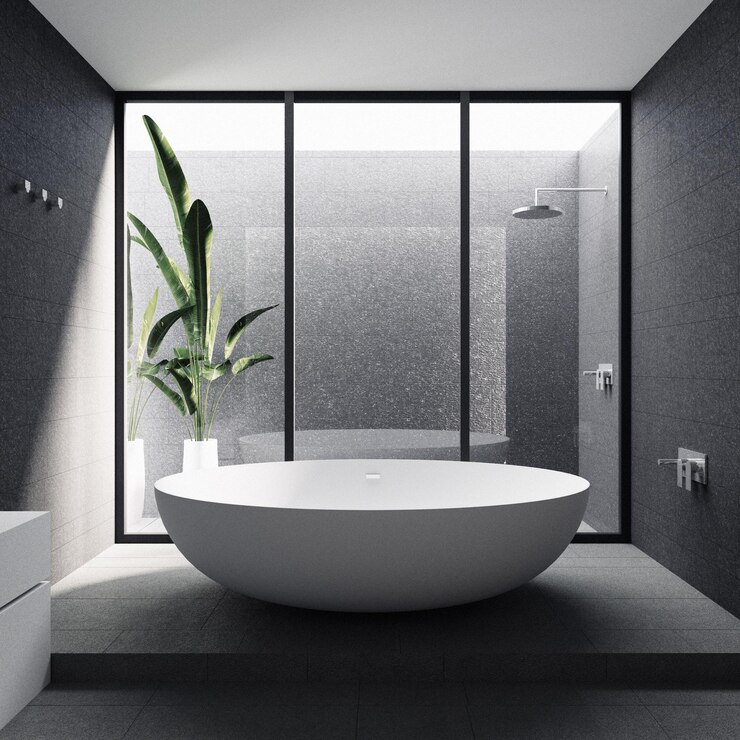 interior de cuarto de baño moderno con azulejos grises y paredes de cristal gris y lavabo - 3D de renderizado