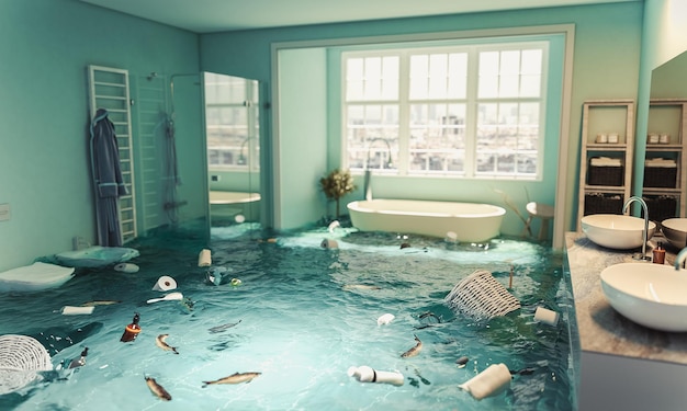 Interior de un cuarto de baño moderno inundado