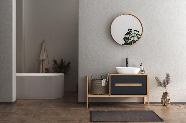 Interior de cuarto de baño moderno con paredes blancas, suelo de madera, bañera, plantas secas y lavabo blanco.