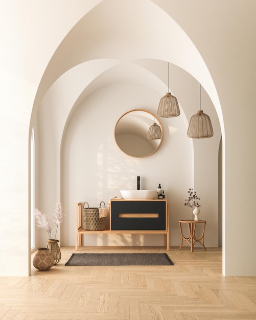 Interior de cuarto de baño moderno con paredes blancas, suelo de madera, plantas secas, arcos, lavabo blanco.