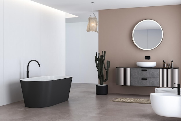 Interior de cuarto de baño moderno con paredes de color blanco-beige, suelo de hormigón, lavabo blanco sobre encimera de mármol.