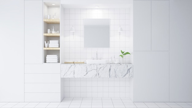 Interior del cuarto de baño con pared blanca, muebles modernos, flores y ilustración 3d fregadero