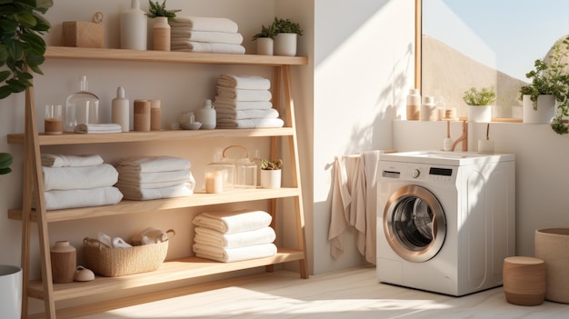 Interior de cuarto de lavado con lavadora y toallas en estante de madera