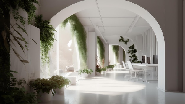 Interior curvilíneo futurista oficina corporativa mínima AI generativa AIG18