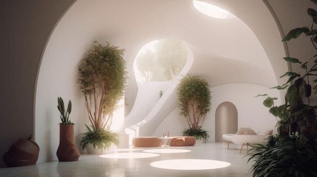 Interior curvilíneo futurístico mínimo foyer terracota Generative AI AIG18