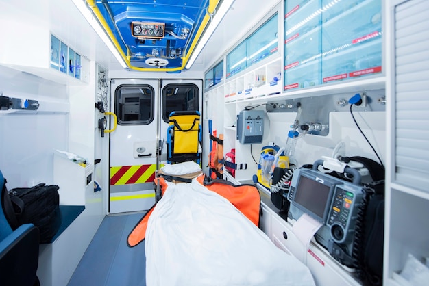 Interior da ambulância com equipamento de emergência