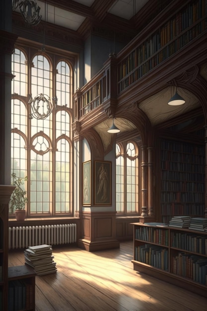 Interior da biblioteca com pinturas de estantes e grandes janelas criadas usando tecnologia generativa de IA