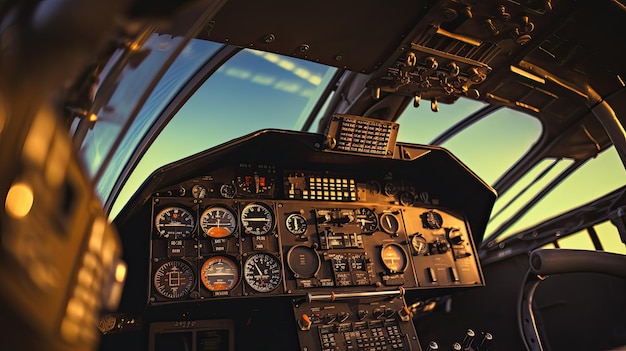 Foto interior da cabine de pilotagem de aeronaves modernas