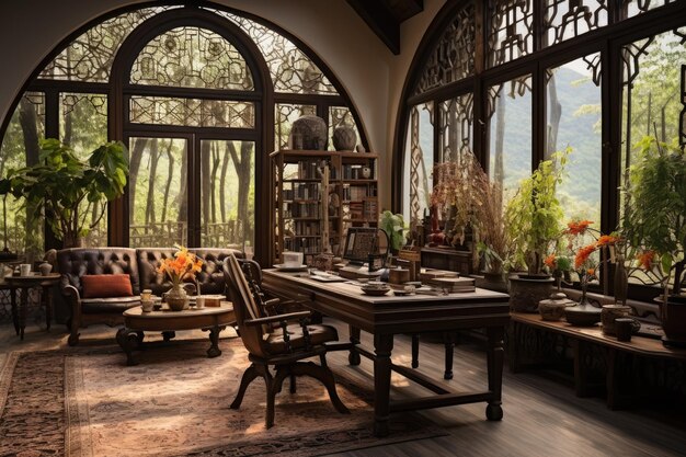 interior da casa com janela arqueada e ideias de inspiração de mesa