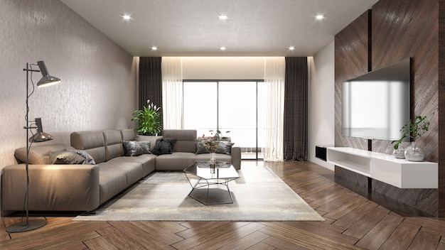 Interior da casa da área de estar em 3D renderizar