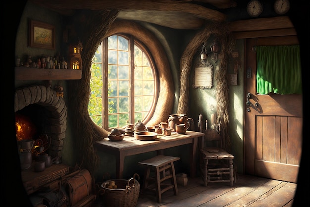 Interior da casa de fantasia na lareira da floresta e móveis dentro