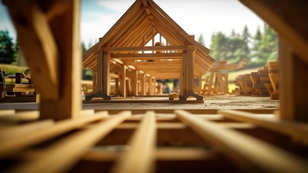 Interior da casa de madeira em construção