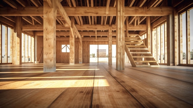 Interior da casa de madeira em construção